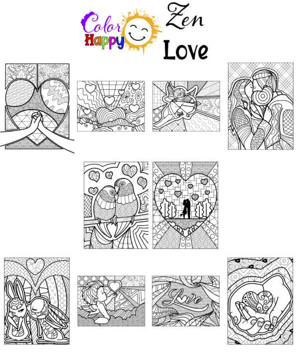 Zen Love Digital Coloring Pages | Color Happy Coloring Pages for Adults